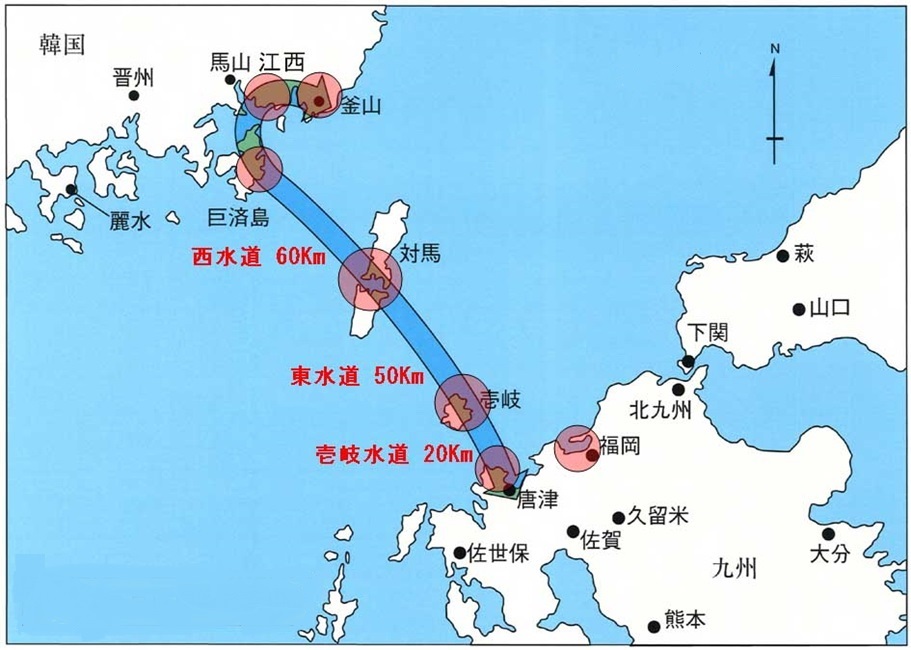 日韓トンネル建設のルート。唐津から壱岐、対馬、巨済島を経て釜山に至る。